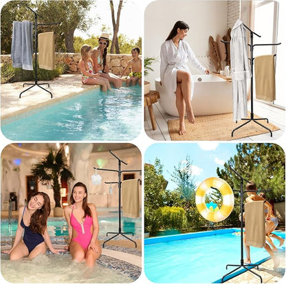 Pool Towel Rack Outdoor, Heavy Duty Freestanding Towel Holder Stand with 6 Bars & Stable Metal Base, 52-inch Tall Hot Tub Towel Hanger for Poolside, Spa, Bathroom, Sauna (Black)