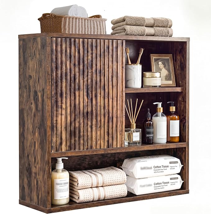 Farmhouse Bathroom Wall Cabinet Wooden Fluted Medicine Cabinet Rustic Brown | FerniTry Over Toilet Storage Cabinet with Adjustable Shelf, Wood Wall Mounted Storage Cabinet Organizer