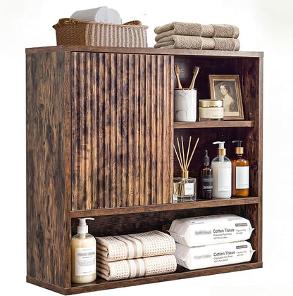 Farmhouse Bathroom Wall Cabinet Wooden Fluted Medicine Cabinet Rustic Brown | FerniTry Over Toilet Storage Cabinet with Adjustable Shelf, Wood Wall Mounted Storage Cabinet Organizer