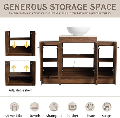 48" Bathroom Vanity, 48 Inch Freestanding Vanity with Ceramic Vessel Sink, Modern Single Sink Bathroom Vanity Combo, Brown Floor Stand Large Storage Cabinet Set (BRE321, 48 * 18)
