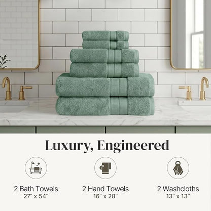 Modern Threads - Spun Loft 6-Piece 100% Combed Cotton Towel Set - Bath Towels, Hand Towels, & Washcloths - Super Absorbent & Quick Dry - 600 GSM - Soft & Plush, Eucalyptus
