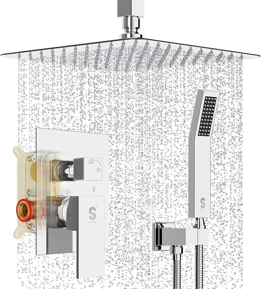 SR SUN RISE SRSH-C1003 Ceiling Mount Bathroom Luxury Rain Mixer Shower Combo Set Rainfall Shower Head System 10 Inch Polished Chrome (Contain Shower Faucet Rough-In Valve Body and Trim）