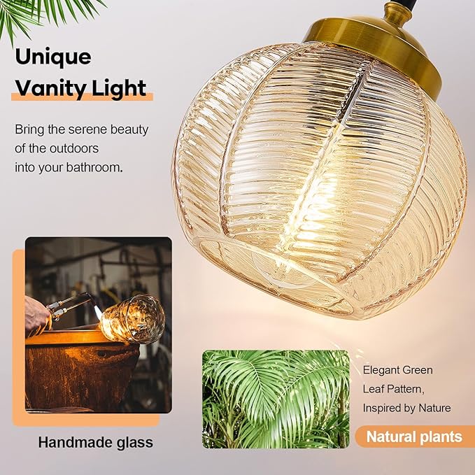 Bathroom Light Fixtures, 3-Light Amber Vanity Lights with Unique Leaf Texture Glass Shade, Modern Matte Black and Gold Bathroom Wall Lamp for Mirror Hallway Cabinet Living Room