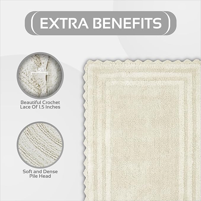 Better Trends Lilly Crochet 21x34 Reversible Bath Rugs and Bath mats for Bathroom, Luxurious 100% Cotton Bath Rug & Water Absorbent Bathroom Mat - Cream Bath Matt