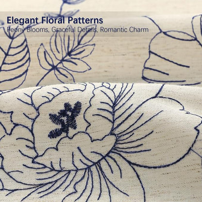 Farmhouse Floral Linen Shower Curtain, Vintage Navy Blue Embroidered Pattern Rustic Shower Curtains for Bathroom, 72x72