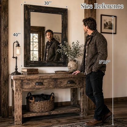 Rustic Black 30x40 Inch Wood Bathroom Vanity Mirror, Rivets | Industrial farmhouse, dark charcoal grain, larger vanities, mantels, living rooms and entry consoles