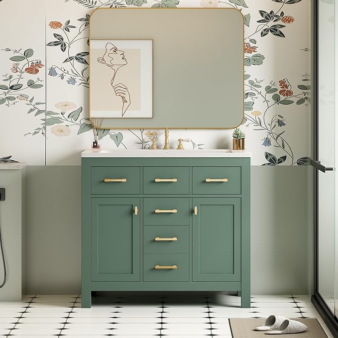 36 Inch Green Bathroon Vanity with Sink,Modern Bathroom Sink Cabinet 36" with 4 Drawers & 2 Cabinets,Integrated Countertop,Gold Handles,Soft Closing,Solid Wood Frame