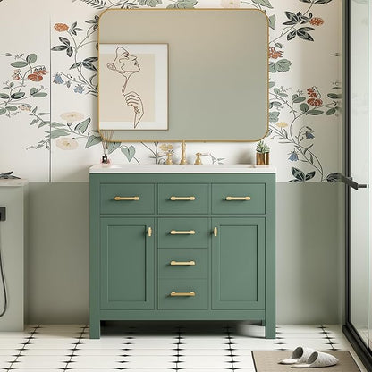 36 Inch Green Bathroon Vanity with Sink,Modern Bathroom Sink Cabinet 36" with 4 Drawers & 2 Cabinets,Integrated Countertop,Gold Handles,Soft Closing,Solid Wood Frame