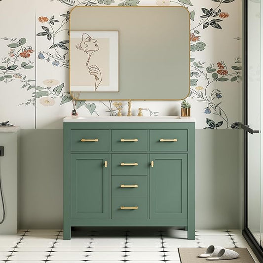 36 Inch Green Bathroon Vanity with Sink,Modern Bathroom Sink Cabinet 36" with 4 Drawers & 2 Cabinets,Integrated Countertop,Gold Handles,Soft Closing,Solid Wood Frame