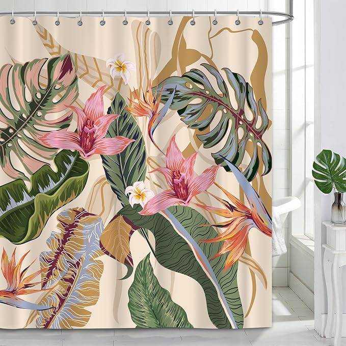 Tropical Shower Curtain Waterproof Fabric Bathroom Curtain with Hooks 72x72 inch, Colorful Floral Jungle Plant Leaf Bathroom Decor