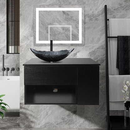 28 Inch Black Floating Bathroom Vanity with 1-Door and 1-Drawer, Modern Wall Mounted Cabinet with Silver Leaf Glass Vessel Sink