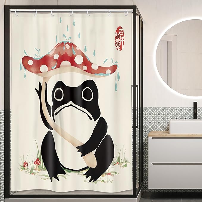 LGhtyro Funny Frog Shower Curtain Bathroom Set 48Wx71H Inches Mushroom Lovely Asian Japanese Style Traditional Black Beige Green Grassland Bath Accessories Frog Art Home Decor Fabric 8 Pack Hooks
