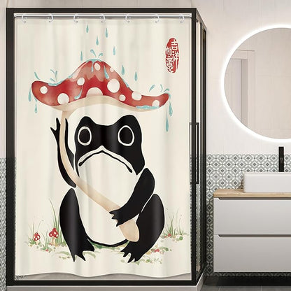 LGhtyro Funny Frog Shower Curtain Bathroom Set 48Wx71H Inches Mushroom Lovely Asian Japanese Style Traditional Black Beige Green Grassland Bath Accessories Frog Art Home Decor Fabric 8 Pack Hooks