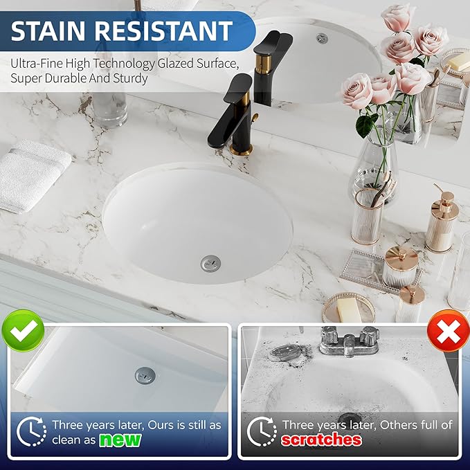 Undermount Bathroom Sink Oval, Hugsleek Interior Bowl Size 18 x 15 inch White Porcelain Ceramic Vessel Sink Under Counter Oval Exterior size 20x16in Bath Sink Bowl Basin Lavatory Vanity Fireclay
