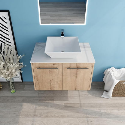 30" Floating Vanity with Sink, 30 Inch Bathroom Vanity with Sink, Modern Plywood Floating Cabinet with Sintered Stone Countertop and White Ceramic Basin, Soft Close Doors
