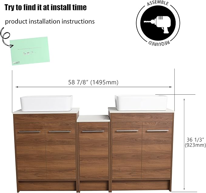 60" Bathroom Vanity, 60 Inch Freestanding Vanity with Ceramic Vessel Sink, Double Sink Bathroom Vanity Combo, Brown Modern Floor Standing Cabinet Set (BRE110, 60 * 18)