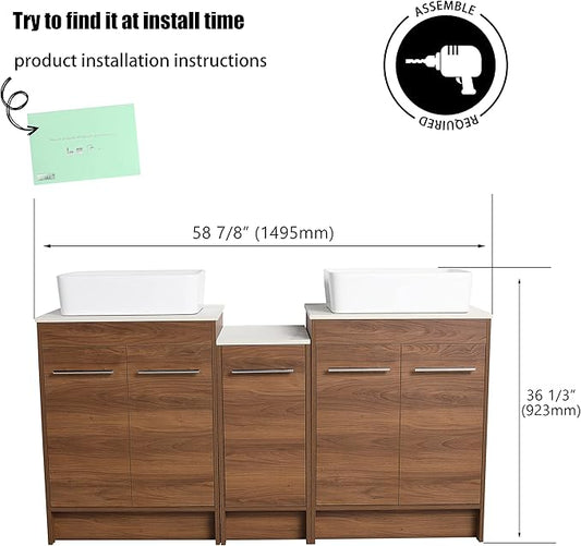 60" Bathroom Vanity, 60 Inch Freestanding Vanity with Ceramic Vessel Sink, Double Sink Bathroom Vanity Combo, Brown Modern Floor Standing Cabinet Set (BRE110, 60 * 18)