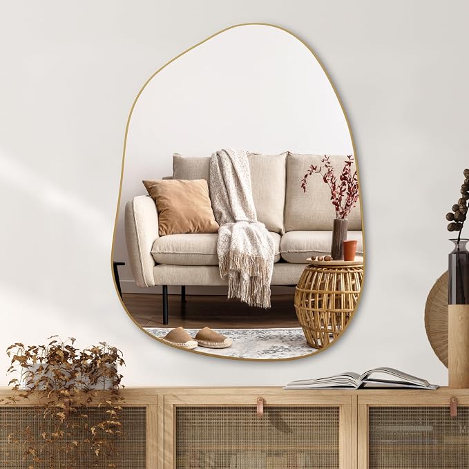 PERFNIQUE Irregular Asymmetrical Wall Mirror, 32"x24" Gold Bathroom Mirror | Decorative modern boho mirror with gold finish. HD glass mirror for bedroom, living room, entryway, mantel and vanity decor
