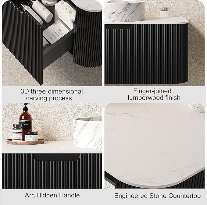 48" Floating Bathroom Vanity with Sink, Plywood Bathroom Vanities with Ultra-Thin Ceramic Basin and Marble Top, 2 Large Soft-Closing Storage Drawers, Pre-Assembled Cabinet, Gloss Black