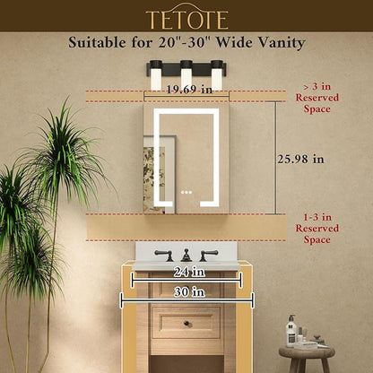 TETOTE LED Lighted Medicine Cabinet Mirror for Bathroom 20 x 26 Tempered Glass Recessed or Wall Mounted Cabinet with Storage & Outlets & USB, 3-Color Dimming Led Lights, Defogger, Adjustable Shelve