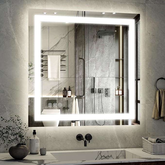 XRAMFY 40"X40" LED Bathroom Mirror, Backlit + Front Lit Wall Mirror | LED Bathroom Mirror with Lights for Wall, 3 Colors, Anti-Fog, Dimmable Brightness, Tempered Glass