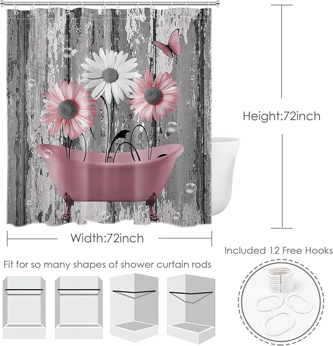 HVEST Pink and Gray Floral Shower Curtain with Hooks, Farmhouse Daisy Flower in Bathtub and Butterfly on Rustic Wood Shower Curtain Set Polyester Fabric Bathroom Decor Accessories, 72L X 72W inches