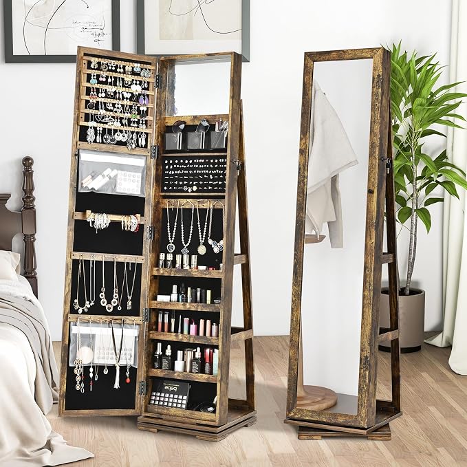 GOFLAME 360° Rotating Jewelry Armoire, Lockable Jewelry Cabinet with Full-Length Mirror & Inner Makeup Mirror, Standing Jewelry Storage Organizer with Rear Storage Shelves, Rustic Brown