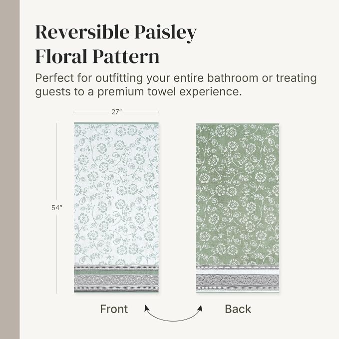 Modern Threads 6 Piece Bath Towel Set – Bathroom Set with 2 Bath Towels, 2 Hand Towels, and 2 Wash Cloths – 100% Cotton, Super Absorbent & Extra Soft – Reversible Floral Trail (Sage Green)