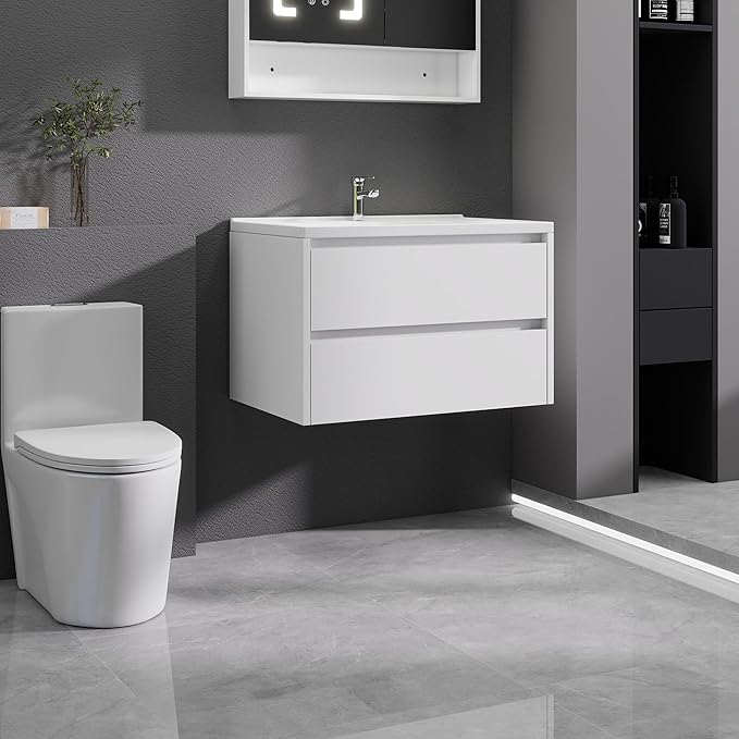 White Floating Bathroom Vanity with Sink, 31x18 Inch Wall Mounted Bathroom Cabinet with 2 Drawers, Modern Single Sink Vanity for Small Bathroom, Space-Saving Storage Cabinet