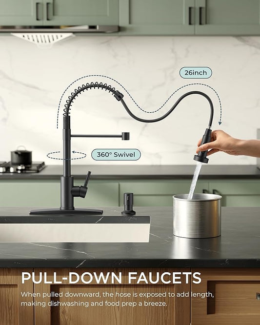 FORIOUS Black Kitchen Faucet with Soap Dispenser, Single Handle Stainless Steel Spring Sink Faucet with Pull Down Sprayer Transitional for Pot Filler, Farmhouse Camper Bar Laundry Room