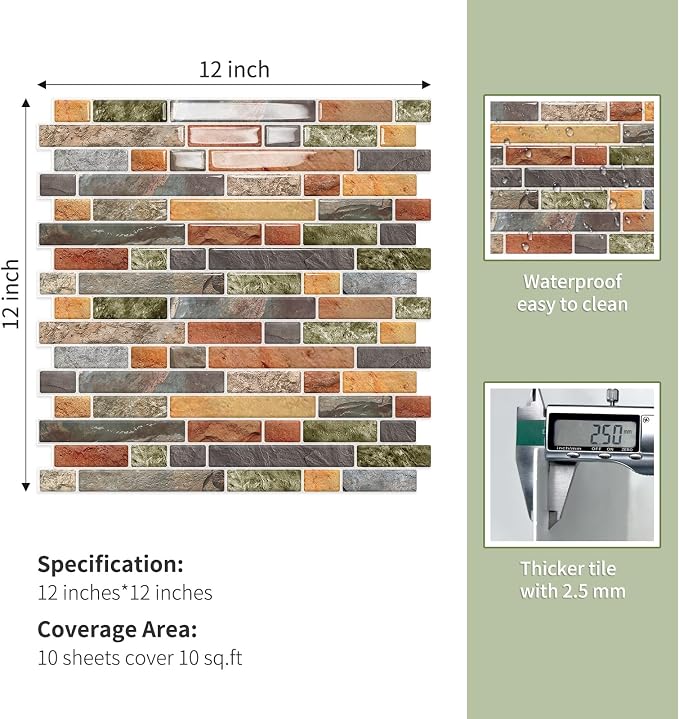 10 Sheets Thick Peel and Stick Kitchen Backsplash Tiles | 3D Waterproof Self Adhesive Wall Tile Stick on Backsplash for Kitchen,Bathroom and Fireplace(Colorful,12"×12")