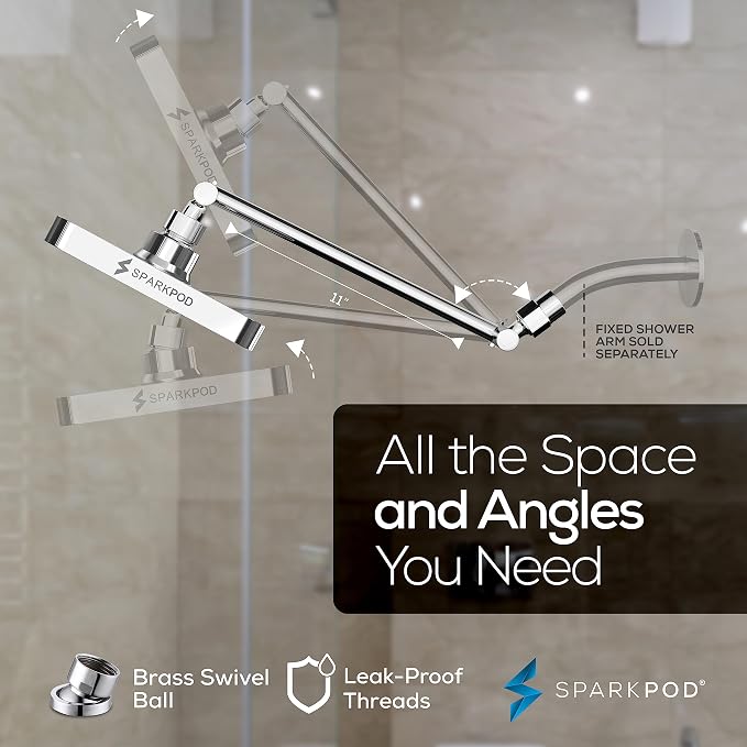 SparkPod 6" Square Rain Shower Head with 11" Shower Arm | Shower Head & Extension Arm Combo, Height Adjustable, High Pressure Performance, Easy 1-Minute Installation, Polished Chrome
