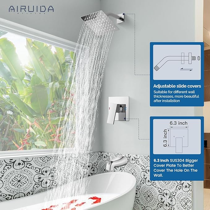 Airuida 6 Inch Shower Faucet Set,Bathtub Faucet Kit,Chrome Polish | Shower Tub Faucet Set,Male Threads Rough-In Valve,Square Head Shower System