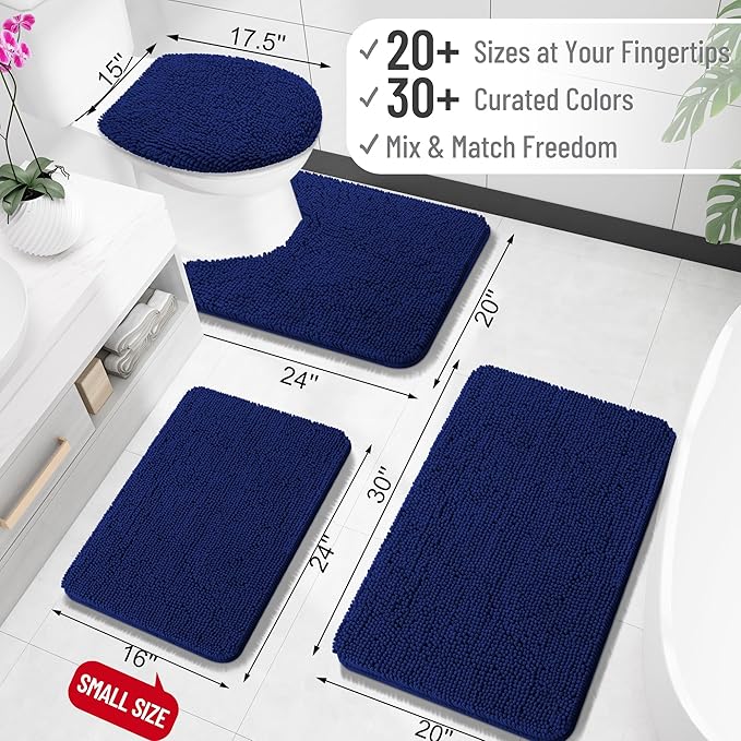 OLANLY Toilet Rugs U-Shaped 24x24, Soft Absorbent Chenille Contour Rugs | Navy, Quick-Drying Rubber Backing, Machine Washable Non-Slip Shaggy Bathroom Mat for Toilet, Home Decor Accessories