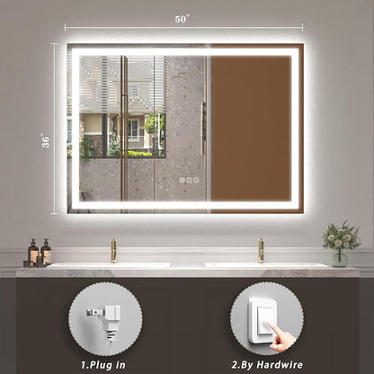 50x36 LED Lighted Bathroom Mirror for Vanity Wall | Front Light and Backlit, Anti-Fog, Memory, 3 Color, Tempered Glass, Dimmable, Rectangular, UL, Horizontal/ Vertical Mounted