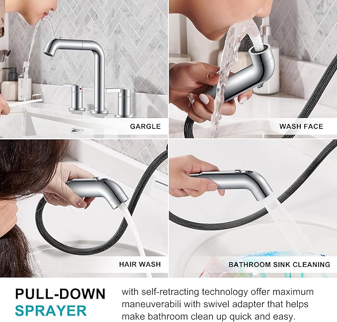 KENES Pull Down Bathroom Faucet with Sprayer, Chrome 8 Inch 2 Handle Widespread Bathroom Faucet 3 Hole with Pull Out Sprayer, Vanity Faucet with Pop Up Drain & Supply Lines LJ-9058A-5