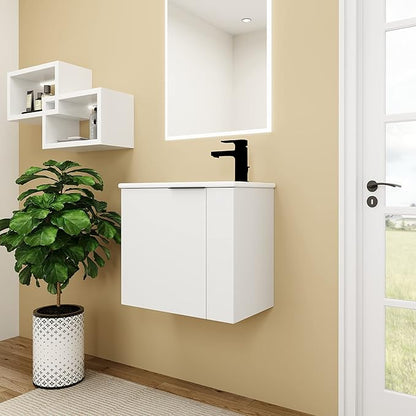 Wall Mount 22 Inch Bathroom Vanity W/Sink Combo for Small Space, Modern Design Vanity Cabinet Gel Basin Countertop, Float Mounting Design Cabinet Set with Soft Close Doors, White (without Faucet)