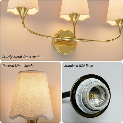 Morauroral Bathroom Light Fixtures, 3 Light Gold Vanity Light for Bathroom, Modern Sconce Wall Light with Scalloped Linen Fabric Shade, Rustic Vanity Light Fixtures for Mirror, Living Room(ETL Listed)