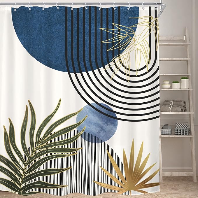 KOMLLEX Mid Century Blue Green Boho Extra Long Bathroom Shower Curtain Set | 72Wx84H Abstract Plant design, waterproof HD print with fast-drying fabric and 12 hooks.