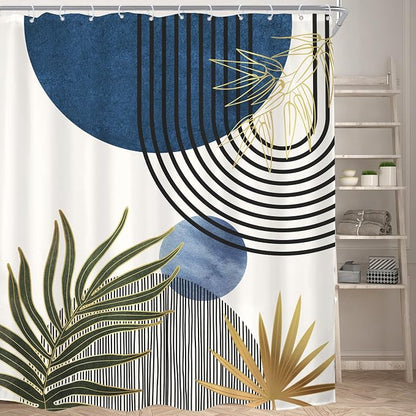 KOMLLEX Mid Century Blue Green Boho Extra Long Bathroom Shower Curtain Set | 72Wx84H Abstract Plant design, waterproof HD print with fast-drying fabric and 12 hooks.