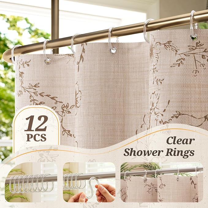 Vintage Beige Floral Shower Curtain with 12 Clear Rings - 72" W x 72" L | Farmhouse Fabric Faux Linen Shower Curtain Set, French Country Cottagecore Style Shower Curtain for Bathroom