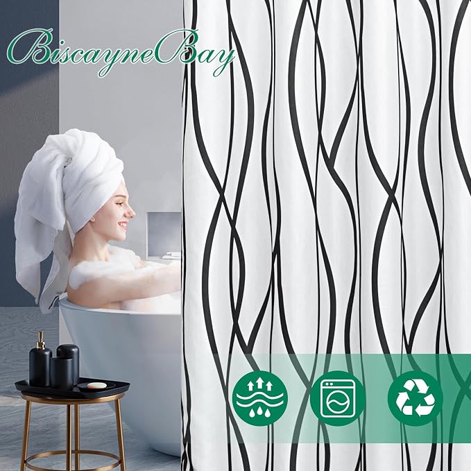 Fabric Modern Extra Long Shower Curtains for Bathroom-Black and White | 72"W x 84"L Textured Faux Linen Luxury Hotel Quality Washable-Abstract Wavy Cloth Bath Curtain-Apartment Minimalist Decor