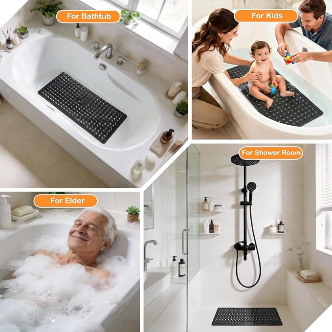Yimobra Bathtub Mat Non Slip, 27.5"X15.5" Machine Washable Shower Floor Mat, Soft on Feet, Bathmat with Drain Holes and Suction Cups, Bathroom Essentials, Black