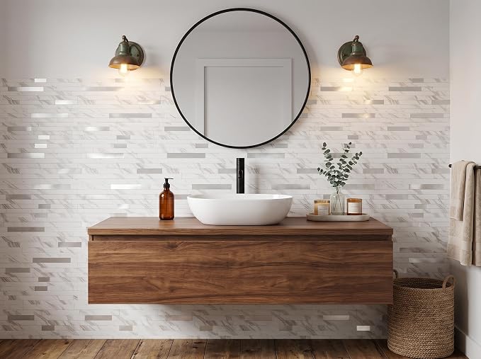 Yipscazo Peel and Stick Stone Metal Backsplash, Stick on Tiles for Backsplash Kitchen(10 Sheets, Calar White Stone)