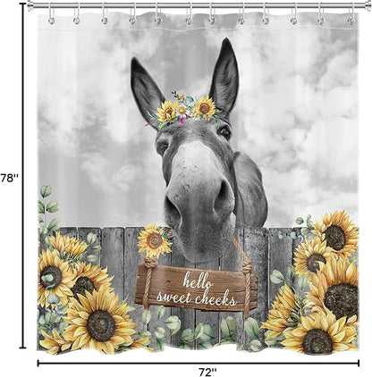 HVEST Farmhouse Donkey Shower Curtain with Hooks, Funny Western Animal and Sunflower on Fence Shower Curtain for Bathroom, Yellow Floral with Green Leaf Plant Bathroom Shower Curtain Set, 72X78 inches