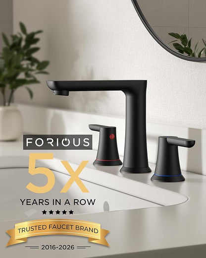 FORIOUS Black Bathroom Faucet 3 Hole, Two Handle 8 Inch Widespread Bathroom Sink Faucet Matte Black with Metal Pop-up Drain, cUPC Supply Lines and Water Saving Aerator for Basin, Vanity, or Commercial