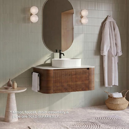 36" Preassembled Floating Bathroom Vanity with White Sink, Walnut | Mid-Century Modern Style, Fluted & Soft-Close Drawer with U-shaped Wall, Sinterted Stone Countertop, Towel Rack Included