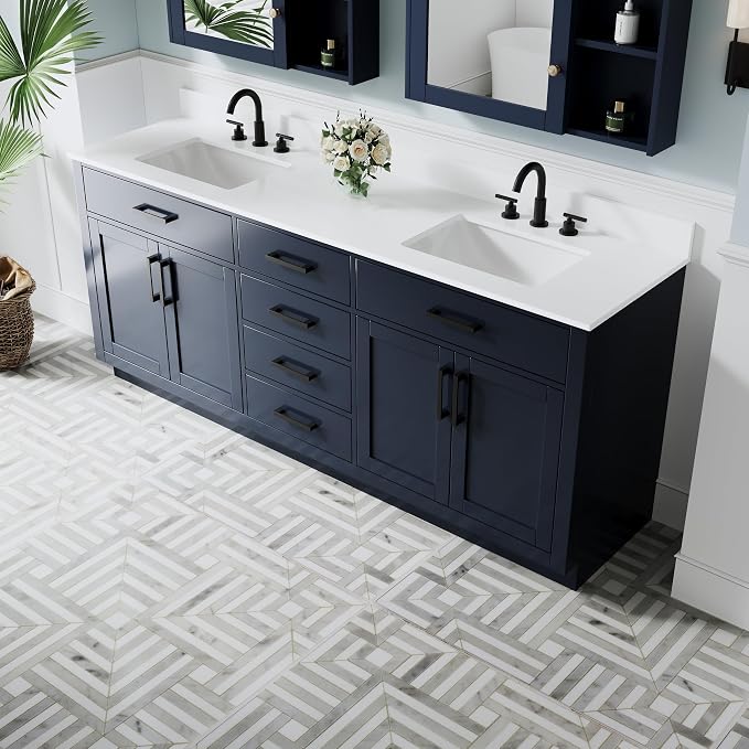 80-Inch Bathroom Vanity with Double Sinks W/ 4 Doors & 4 Drawers & 2 Flip Drawers, Navy Blue Vanity W/Matte Black Handles