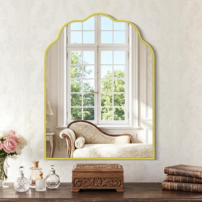 Gold Arched Mirror, 18×24Inch Scalloped Bathroom Mirror, Wavy Wall Mounted Vanity Mirror with Aluminum Alloy Frame for Livingroom Bedroom and Entryway, Tempered Glass