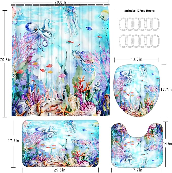 4-Piece Blue Ocean Seaworld Shower Curtain Set Marine Life Bathroom Set with Shower Curtain and Rugs, Octopus Turtle Coral Seagrass Seaworld Bath Curtain with Hooks for Home Decor